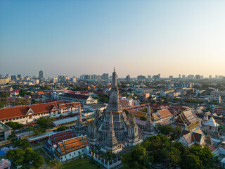 Fototapeta na wymiar Aerial view Temple of dawn Wat Arun sunset light sightseeing travel