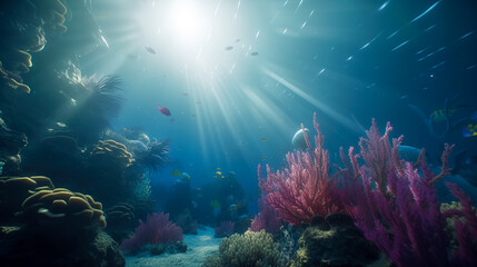 Fototapeta na wymiar Sea deep or ocean underwater with coral reef as a background. Generative AI