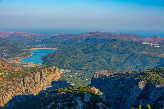 Panorama view of Cretan countryside with Aposelemis dam, Grecee
