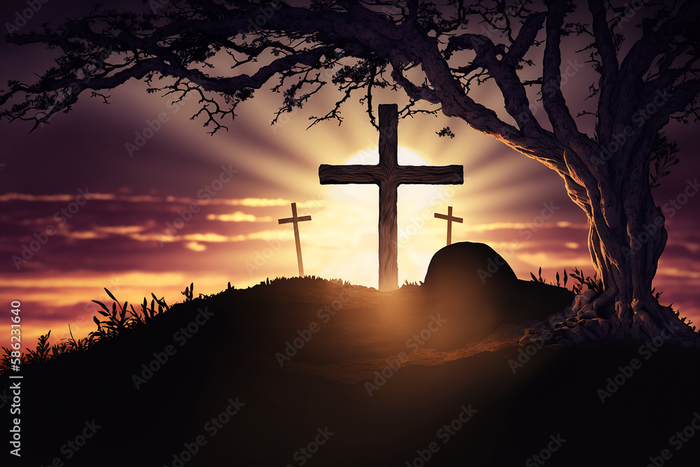 Wall mural calvary sunset background for Good Friday  He is risen. Generative AI