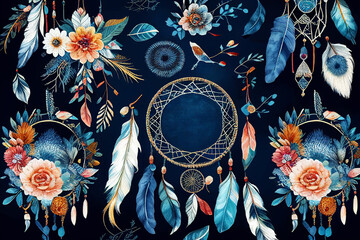 seamless watercolor ethnic boho floral pattern dreamcatcher background Generative AI - obrazy, fototapety, plakaty