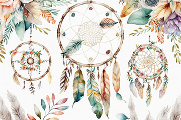 seamless watercolor ethnic boho floral pattern dreamcatcher background Generative AI