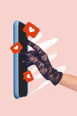 Photo collage artwork minimal picture of lacy glove arm chatting instagram twitter telegram facebook isolated drawing background