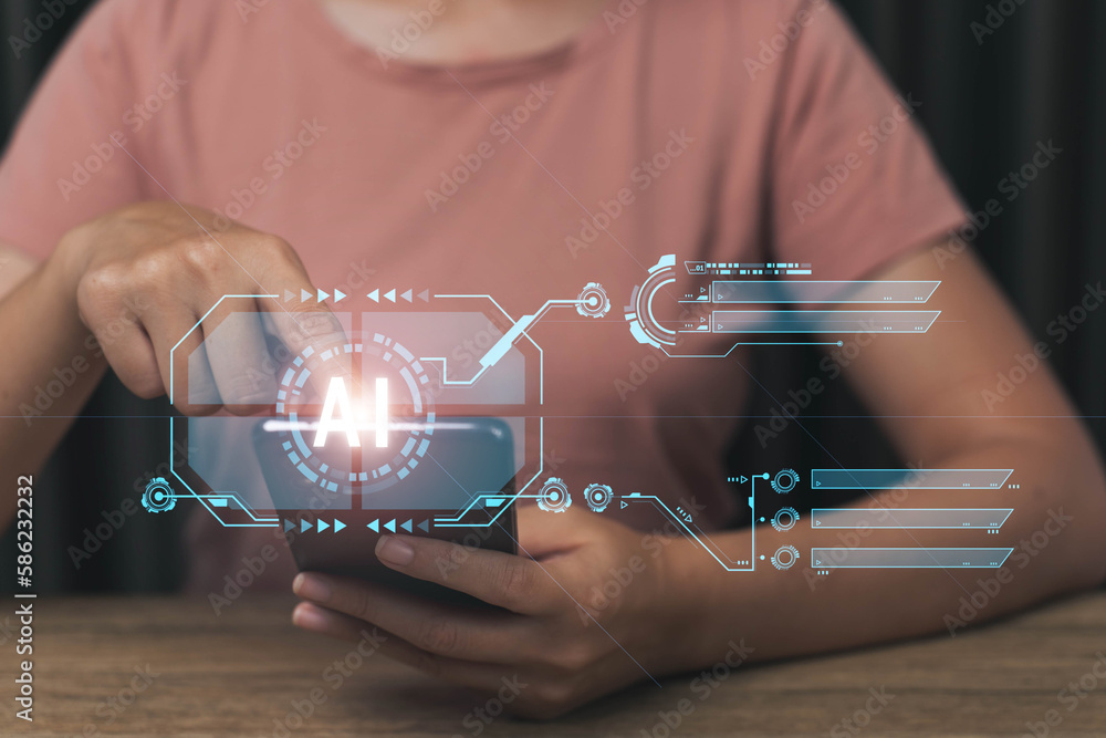 Poster young businesswoman touching screen of mobile phone to use ai system to work instead. searching for 
