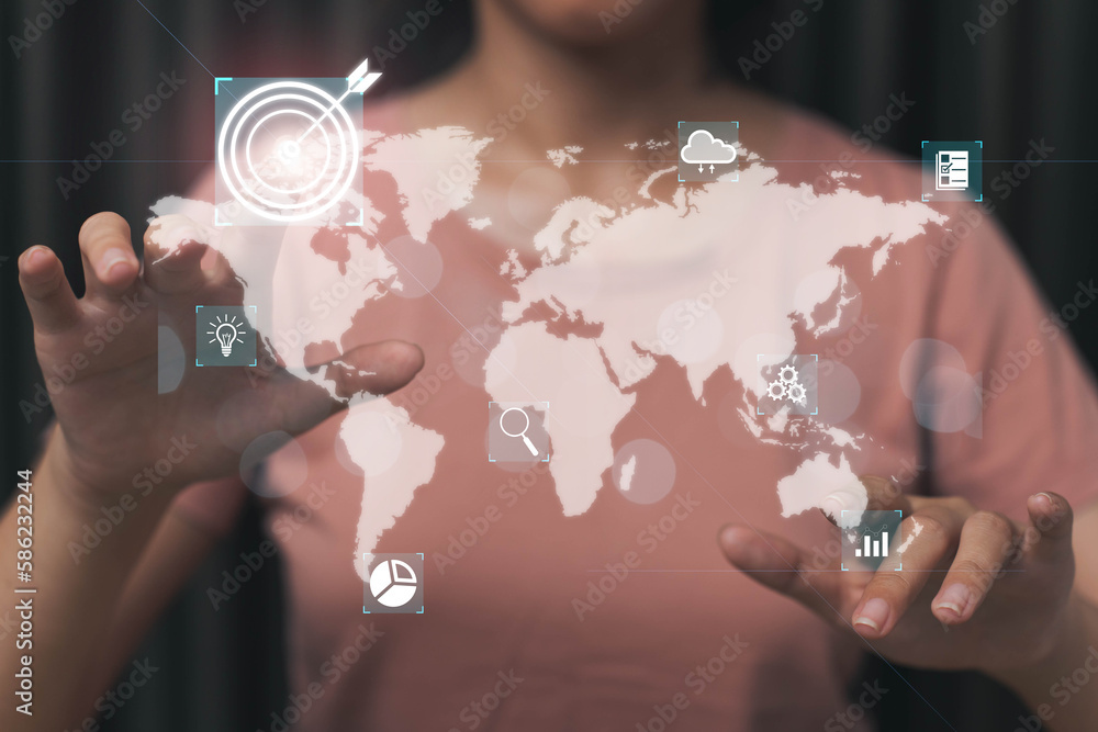 Poster young business woman is targeting from world map image for marketing and information gathering from 