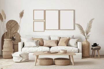 Stylish boho lifestyle living room interior with multiple poster mockups, portrait mockups, and painting mockup area.