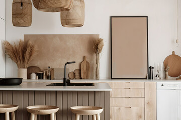 Stylish boho kitchen interior with poster mockup, portrait mockup, and painting mockup area.