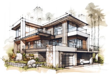 Fototapeta premium Sketch of modern cozy villa house on the white background. Design stages of luxury villa architecture drawing. Generative AI