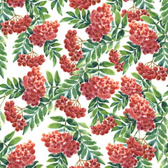 Watercolor seamless pattern with berries and leaves on white background. 