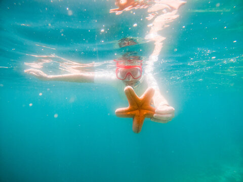 snorkeling woman holding starfish underwater