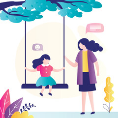 Little girl is sitting on swing. Nanny swings cute child on swing. Mom spends time with daughter. Active games on playground or in park. Relationships, family portrait