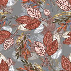 Garden autumn leaves painting in watercolor on gray background.  Seamless pattern.