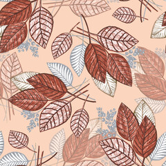  Seamless pattern watercolor leaves. Branch tree of  on beige background.  Beautiful pattern for decoration and design. 