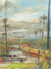 LA  landscape after it rains. oil painting. illustration. 
