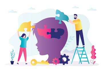 Education, child development. Parents help child develop skills, improvement mindset maintain mental health, positive thinking. Teenager head silhouette and people put puzzle pieces in brain. - obrazy, fototapety, plakaty