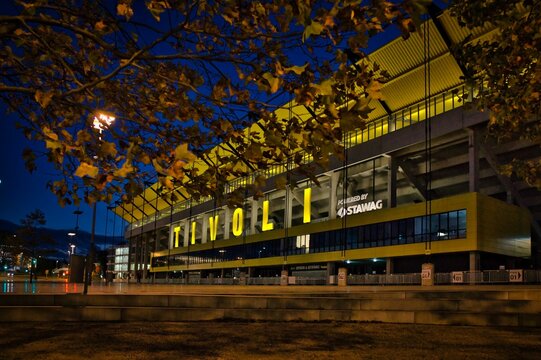 Alemannia Aachen's Tivoli football stadium in the evening with clear sky