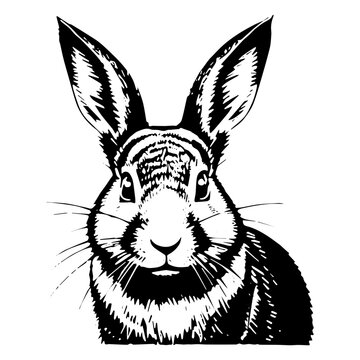 Hand drawn portrait of a rabbit head. Sketch, picture of an Easter Bunny. Black and white illustration, hand drawn sketch. Engraving, vector illustration