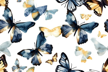 Generative AI illustration. Seamless watercolor pattern with dark purple, blue and lavender butterflies. Elegant vintage design for fabric.