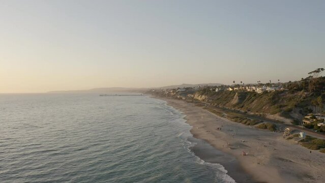 Drone fly at the shoreline of San Clemente, California. Orange County