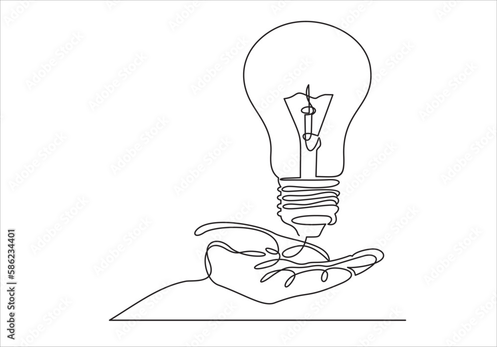 Poster new idea or concept - vector modern line design illustrative icon. two hands showing a light bulb as