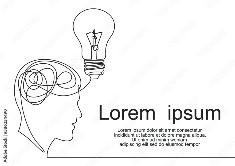 Aufkleber continuous one drawn line of a man thinking with light bulb in front of his head. allegory of soluti