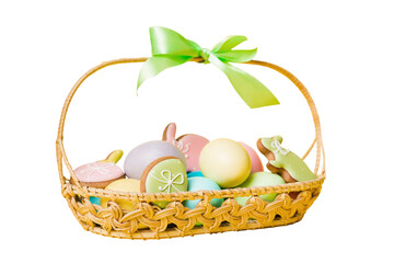 Colorful easter cookies in basket with Multi colors Easter eggs isolated on white background. Pastel color Easter eggs. holiday concept