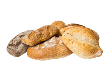Homemade natural breads. Different kinds of fresh bread isolated on white background, perspective view with copy space