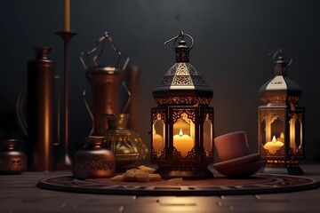 Obraz na płótnie Canvas Ramadan kareem Lantern with Colorful Light Glowing at Night and Glittering with Bokeh Lights, Ornamental Arabic lantern with burning candle, generative ai