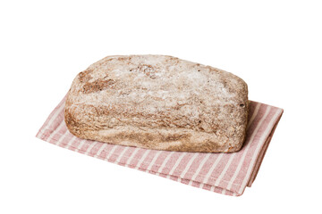 Freshly baked delicious french bread with napkin isolated on white background top view. Healthy white bread loaf