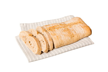 Assortment of freshly sliced baked bread with napkin isolated on white background. Healthy unleavened bread. French bread slice