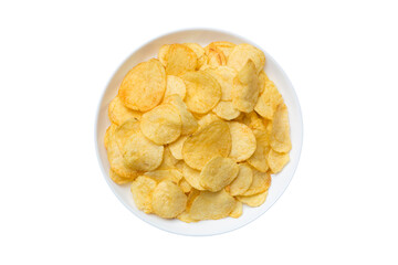 Potato chips in ceramic bowl isolated on white background