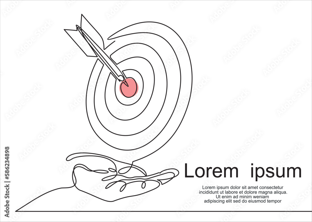 Poster human hand holding target with arrow vector icon meaning goal achievement-continuous simple line dra