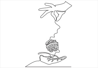 Hands holding thread ball isolated on white background.continuous stylized modern drawing