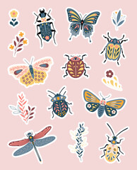 Set of stickers cute insects and flowers. Separated elements in vectoriel for pattern or decoration. Full of colors and ornaments.