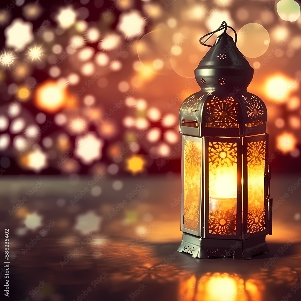 Wall mural ramadan kareem lantern with colorful light glowing at night and glittering with bokeh lights, orname