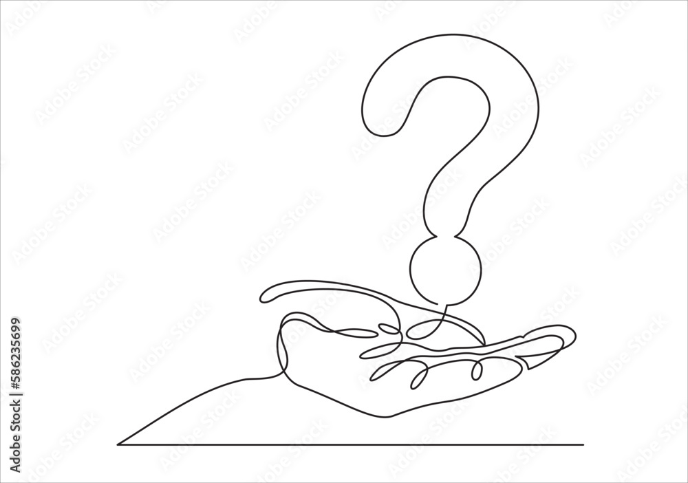 Aufkleber hands holds question mark one line art, hand drawn asking sign, idea continuous contour. query faq c