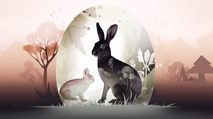 Easter bunny and egg double exposure, generative ai