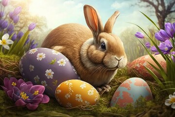 A painting of a bunny and a blue easter egg. Generative AI