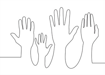 Continuous one line drawing of volunteering hands. Illustration with quote template. Can used for logo, emblem, slide show and banner.