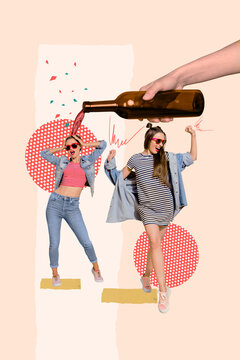 Artwork magazine collage picture of carefree funny ladies dancing enjoying wine isolated drawing background