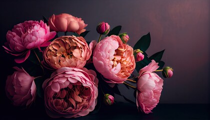 Fresh bunch of pink peonies and roses with copy space