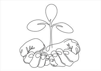 Single continuous line of hands holding a plant. Concept of growing and love earth.