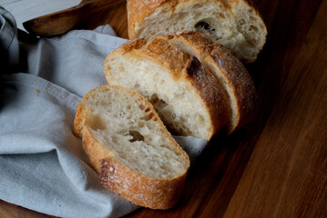 Slices of bread cut on a wooden board