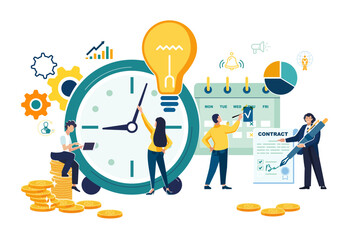 Time management planning. Organization and control concept for efficient successful and profitable business. Work time management.Business team, people, businessmen.Vector illustration with characters