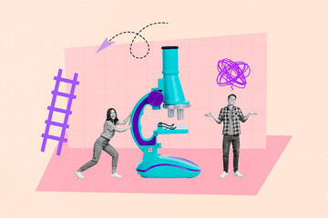 Picture poster collage of two young scientists working on scientific research solving complex...
