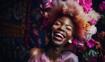 Happy African-origin woman adorned with magenta flowers. White and orange hair: Flower power party/disco theme.