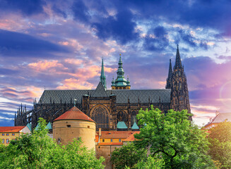 Fototapeta premium Prague Castle at sunset - Prague, Czech Republic. Prague, the Castle and St. Vitus Cathedral.