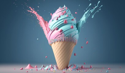 A mouth-watering blue-pink ice cream cone with sprinkles, 3D-render against a white background. Generative AI.