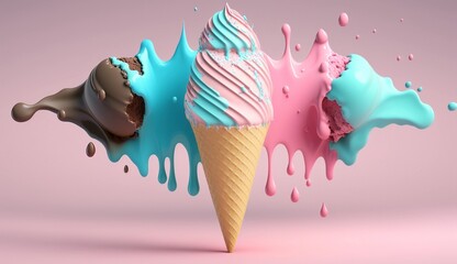 Refreshing and colorful blue-pink ice cream cone with sprinkles, 3D-render on a clean background. Generative AI.