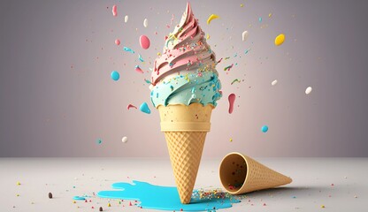 A tempting blue-pink ice cream cone with rainbow sprinkles, 3D-render on a clean background. Generative AI.